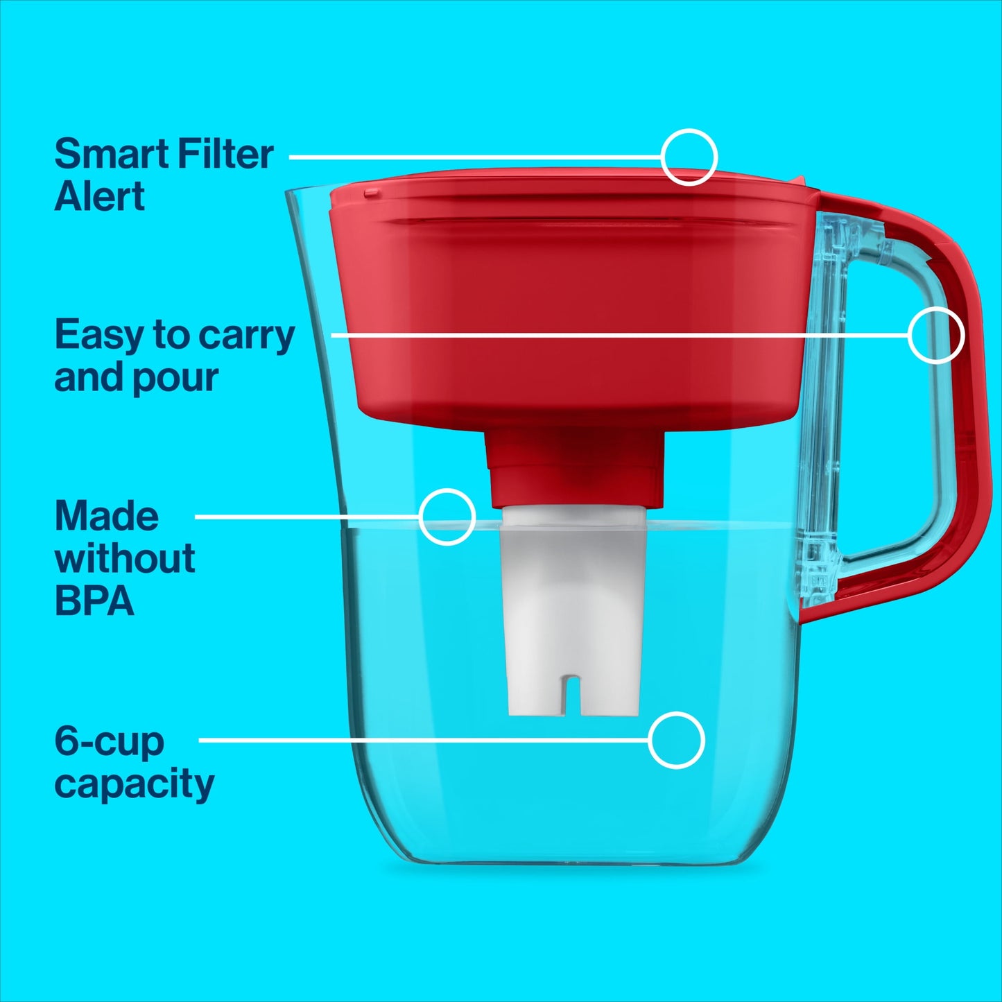 Small 6 Cup Red Denali Water Filter Pitcher with 1  Standard Filter