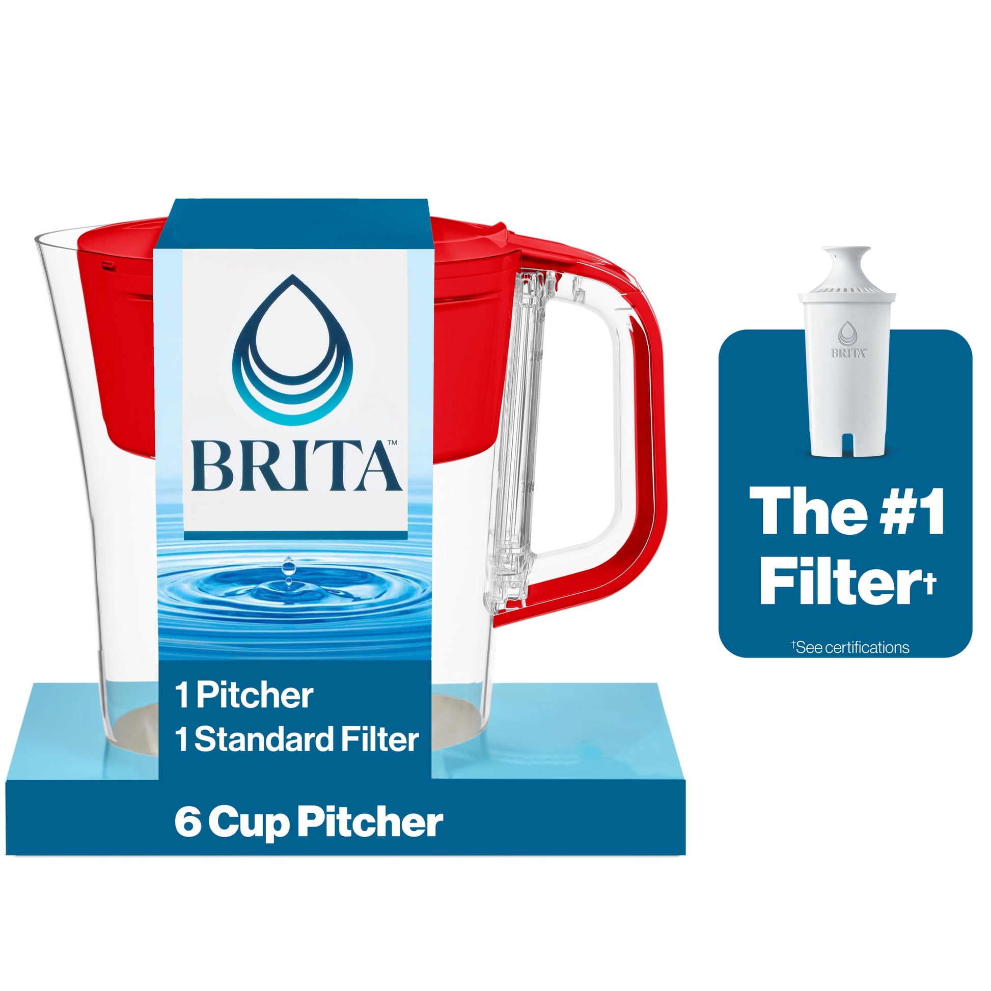 Small 6 Cup Red Denali Water Filter Pitcher with 1  Standard Filter